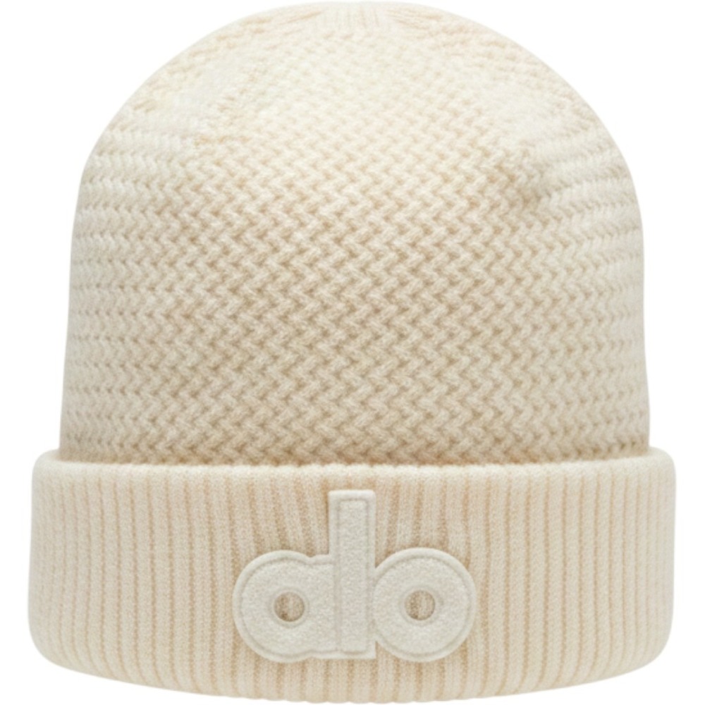 Alo Yoga Merino Wool Blend Beanie Ivory Cream Textured Knit Logo Hat OS